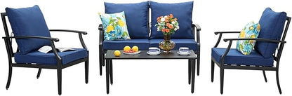 4-Piece Patio Furniture Set, Wider Outdoor Metal Seating Sofa with High Back & Loveseat, Coffee Table, All Weather Metal Conversation Set for Backyard, Poolside, Deck-Navy