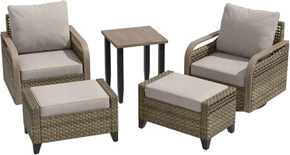 Modern Wicker Bistro Table and Chairs Set, Rattan Outdoor Bistro Set with Swivel Rocking Chairs, Ottomans & Table, 5 Pieces, Brown/Gray