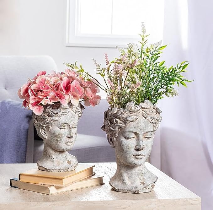 Abbott Collection Goddess Head Planter – Large Cement Indoor and Outdoor Planter Pot – Grecian Woman Statue Head Planter for Flowers and Succulents (Grey, 10" Tall, 4.5" Opening)
