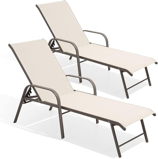 Crestlive Products Chaise Lounge Chair Outdoor with Armrests, Pool Lounge Chairs Set of 2, Aluminum Adjustable 5 Positions Sun Tanning Lounger for Patio, Poolside, Yard, Deck, Backyard (Champagne)