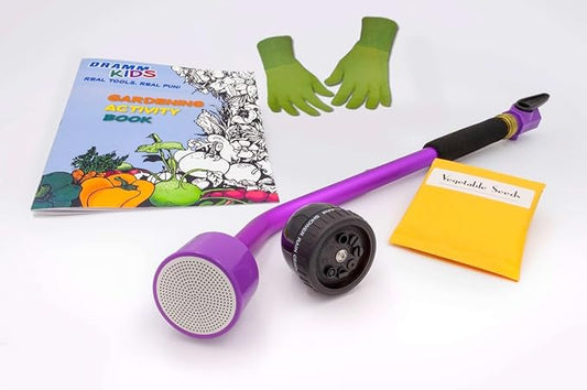 Dramm Kids Limited Edition Gardening Set, Ages 3-12: Includes Berry 16” Sunrise Rain Wand, 9-Pattern RainSelect Spray Head, Spring Green Kids Gardening Gloves, Gardening Activity Book, Seed Packet