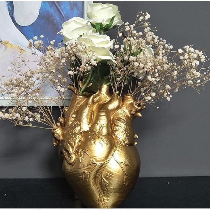Resin Vase Planter, Decorative Heart Vase - Anatomical Heart Tabletop Decorative Craft, Farmhouse Living Room Bedroom Countertop (Gold,Large)