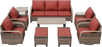 COOS BAY Modern Wicker Outdoor Furniture Set, Patio Conversation Set with 4 Swivel Rockers, 3 Seat Couch, Ottomans, Coffee Table and Side Table, 9 Piece, Brown/Red