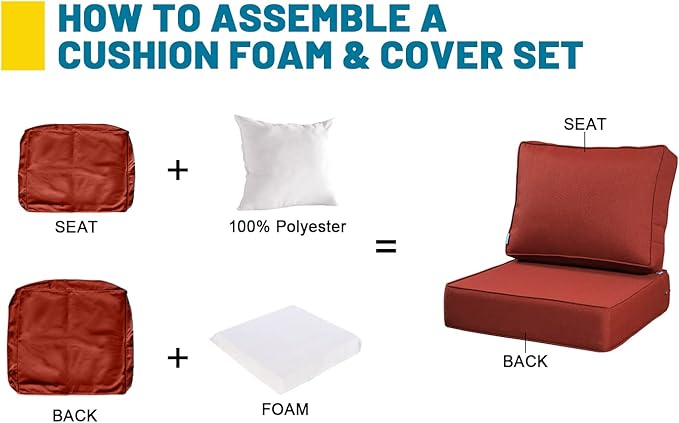 ARTPLAN Olefin 24x24 Deep Seat Patio Cushions for Outdoor Furniture,Extra 6 inch Thick,Back 18"x24",Removable,Replacement,Solid/Floral,Outdoor/Indoor,Brick Red
