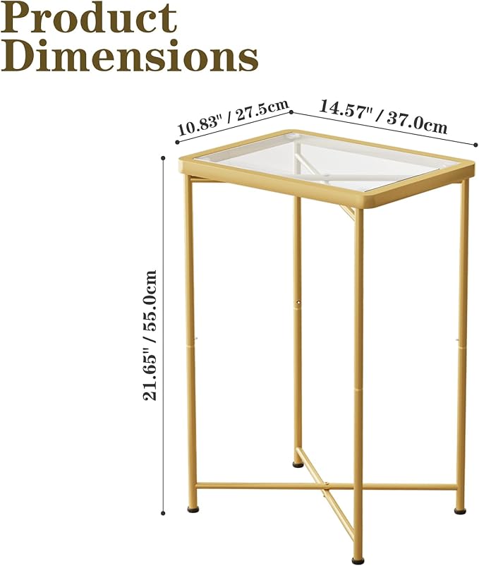 Garden 4 you Small Side Table, Glass End Table Set of 2, Gold Outdoor Side Table with Metal Frame, Mini Bedside Table for Living Room, Bedroom, Patio, Small Space, 2pcs