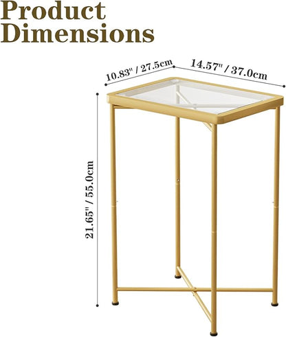 Garden 4 you Small Side Table, Glass End Table Set of 2, Gold Outdoor Side Table with Metal Frame, Mini Bedside Table for Living Room, Bedroom, Patio, Small Space, 2pcs