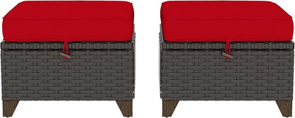 2 Pieces Patio Outdoor Ottomans with Removable and Washable Covers，PE Rattan Wicker Footstools for Porch, Garden, Sunroom (Red)