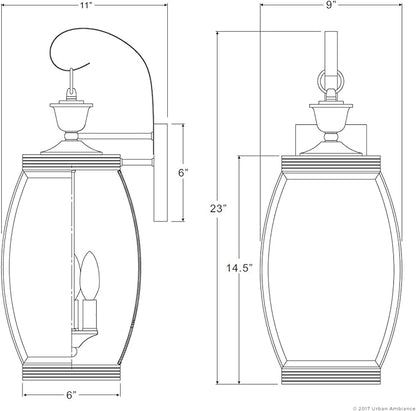 Urban Ambiance Luxury Colonial Outdoor Wall Light, Large Size: 22.5" H x 9" W, with Transitional Style Elements, Bowed Design, Gorgeous Dark Medieval Bronze Finish and Beveled Glass, UQL1172