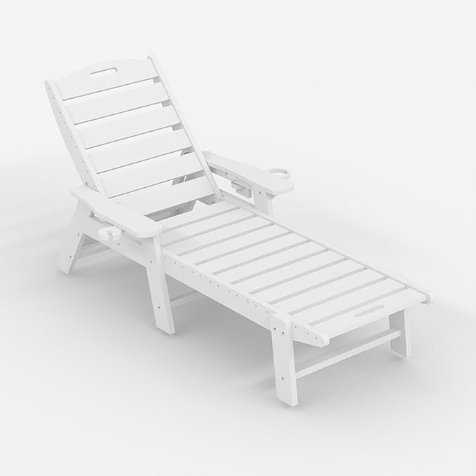 PeakPursuit Patio HDPE Chaise Lounge, Oversize 5-Position Lounge Chair with Cup Holder, Resin Pool Lounger Chair for Outside