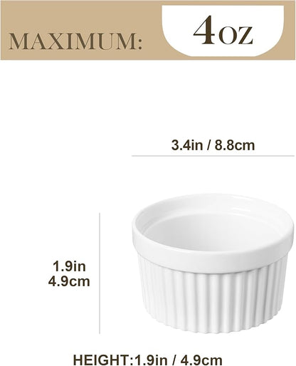 MALACASA Ramekins 4 oz Oven Safe, Porcelain Creme Brulee Ramekins Pudding Custard Cups Small Ceramic Souffle Dishes Ramakan Ramiken Ramicans Baking Bowls Set of 6, White, Series RAMEKIN-DISH