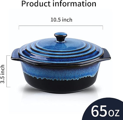 KOOV Ceramic Casserole Dish with Lid - 2 Quart, 9 Inch Round Baking Dish, Oven Safe, Reactive Glaze