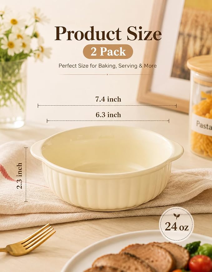 24 oz Large Ramekins Oven Safe, Creme Brulee Ramekins with Handles, Ceramic Baking Dishes Souffle Dishes, Soup Bowls Set of 2, Meal Prep Container, Baking Bowls Dishwasher Safe, Gift