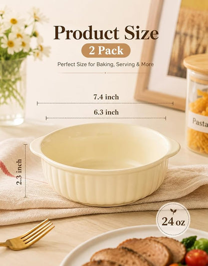 24 oz Large Ramekins Oven Safe, Creme Brulee Ramekins with Handles, Ceramic Baking Dishes Souffle Dishes, Soup Bowls Set of 2, Meal Prep Container, Baking Bowls Dishwasher Safe, Gift