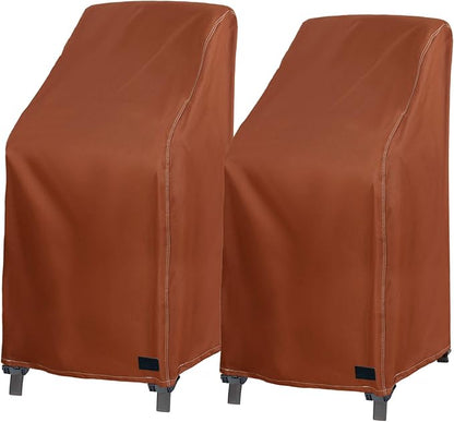 NettyPro Stackable Chair Covers 2 Pack Waterproof Outdoor Stack Chairs Cover Patio Furniture Stacking Chair Covers, Fits for 4-6 Stackable Dining High Back Chairs, 28 W x 35 D x 45 H inch, Brown