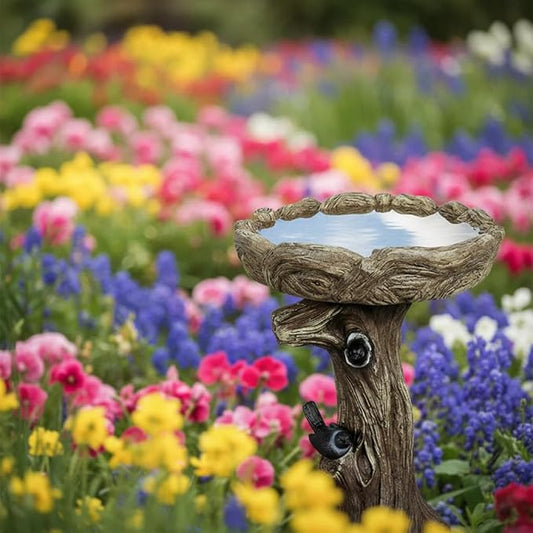 SunJet 23 Inch High Wood-Look Concrete Bird Bath with Decorative Faux Bird – Birdbath Rustic & Long-Lasting Design, Enhances Garden, Patio, Yard, Lawn Decor