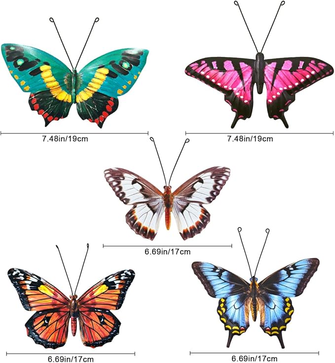 EOORAU Metal Butterfly Wall Decor - 5 Pack Lifelike Butterflies Wall Art Sculpture Hanging Decorations for Indoor or Outdoor, Yard Patio Fence Garden Decoration, Mother's Day Gift