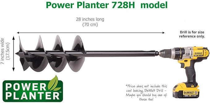 Power Planter Auger Drill Bit Extension 7" x 28" with 1/2" Non-Slip Hex Drive — Garden Auger for Planting Gallon Potted Plants and Post Holes — Garden Digging Tool for Dirt, Sand, Soil & Clay