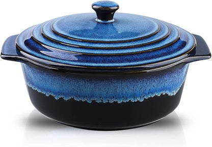 KOOV Ceramic Casserole Dish with Lid - 2 Quart, 9 Inch Round Baking Dish, Oven Safe, Reactive Glaze