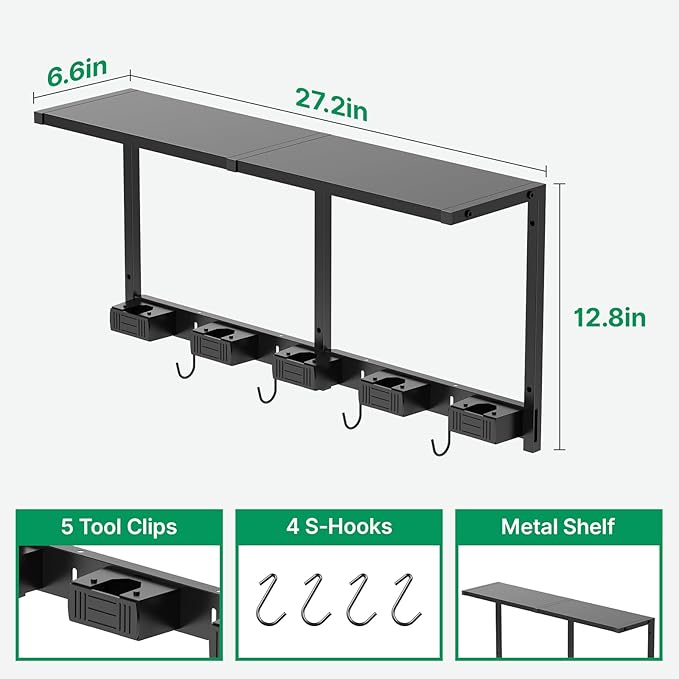CCCEI Broom and Mop Wall Mount with Shelf, Laundry Room Cleaning Tools Organization Hanging Rack with Hooks, Bathroom, Garage, Garden Organizers and Storage. All Metal, Black, 1 Pack.