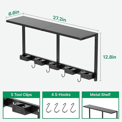 CCCEI Broom and Mop Wall Mount with Shelf, Laundry Room Cleaning Tools Organization Hanging Rack with Hooks, Bathroom, Garage, Garden Organizers and Storage. All Metal, Black, 1 Pack.
