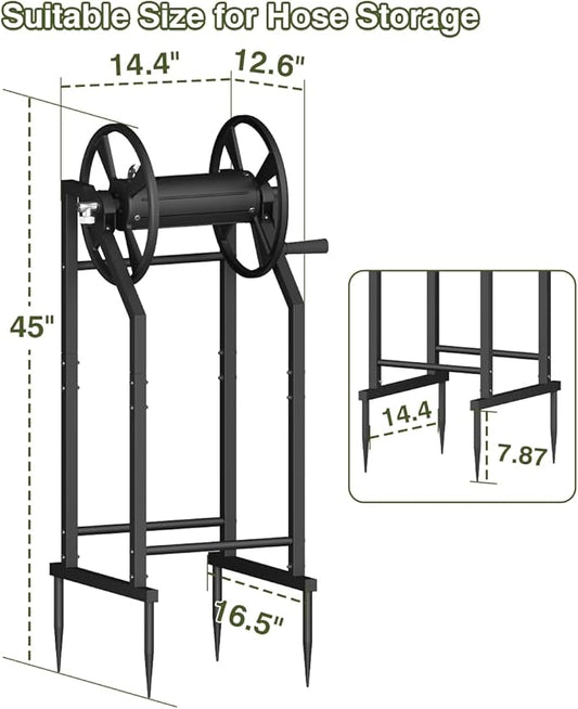 4-Spike Garden Hose Reel with 3.9ft Leader Hose & Stainless Fitting, Outdoor Hose Holder holds 125ft Hose of 5/8", Freestanding Metal Hose Stand for Outside Yard Lawn, Black