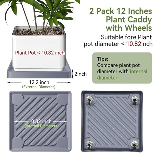2 Pack-Square Plant Caddy with Hidden Wheels 12 Inch Heavy Duty Rolling Plant Stands Indoor Outdoor Plant Saucer Tray Dolly with $9.9 Garden Tools (Gray)