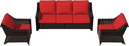 VistaVibe 3 Pieces Outdoor Patio Conversation Furniture Set - 78" 3-seat Sofa | 2 Wicker Chairs, Deep Seat Loveseat, Removable Cushions, Hand-Woven PE Rattan Couch, Balcony (Brown/Red)