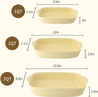 Casserole Dish Set of 3,Lasagna Pan,Ceramic Bakeware for Oven,Rectangular Baking Dishes with Handles,High Heat Resistant,Colorful Speckle Stoneware Series (13.8''/12''/9.6''Yellow)