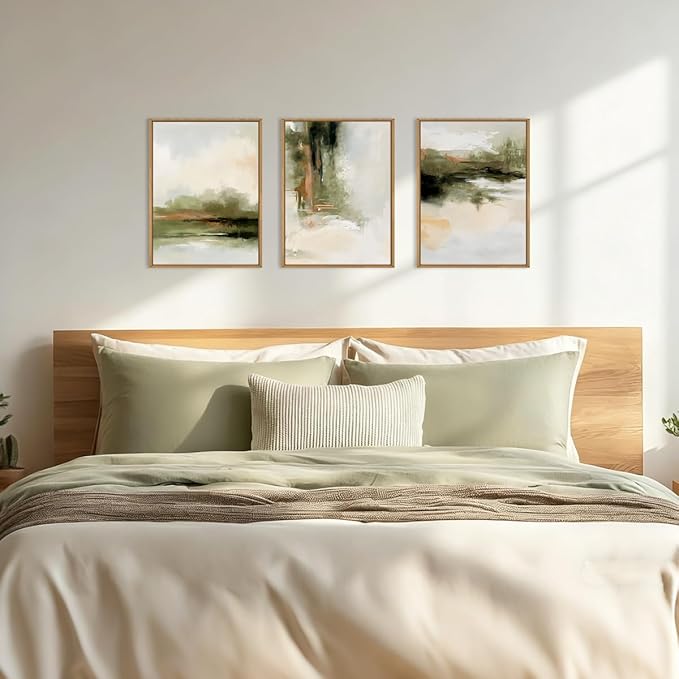 KAIRNE Green Abstract Neutral Framed Canvas Wall Art Set,Modern Watercolor Shapes Wall Decor,Minimalist Pastel Art Prints,Brown Gray Tan Artwork for Living Room,Bedroom,Farmhouse,Office-12 x16 x3