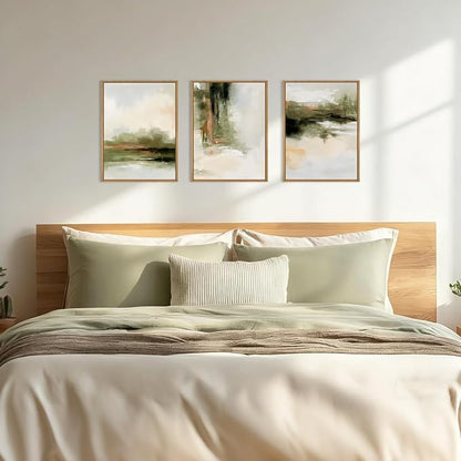 KAIRNE Green Abstract Neutral Framed Canvas Wall Art Set,Modern Watercolor Shapes Wall Decor,Minimalist Pastel Art Prints,Brown Gray Tan Artwork for Living Room,Bedroom,Farmhouse,Office-12 x16 x3