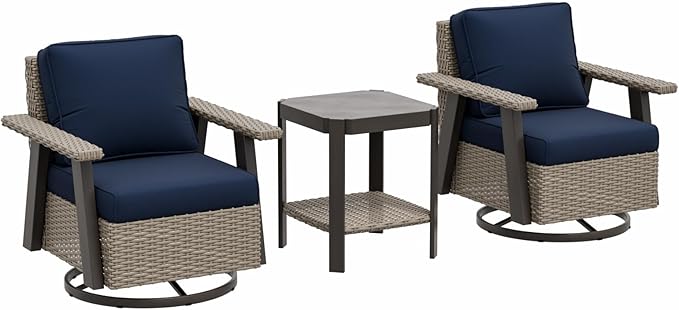 EAGLE PEAK Classic Wicker Patio Bistro Set of 3, Outdoor Patio Furniture with 360° Swivel Rocker Chair and Side Table, Lounge Set for Porch, Deck, or Balcony, Beige/Dark Blue