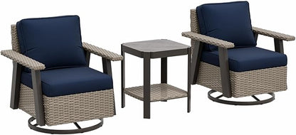 EAGLE PEAK Classic Wicker Patio Bistro Set of 3, Outdoor Patio Furniture with 360° Swivel Rocker Chair and Side Table, Lounge Set for Porch, Deck, or Balcony, Beige/Dark Blue
