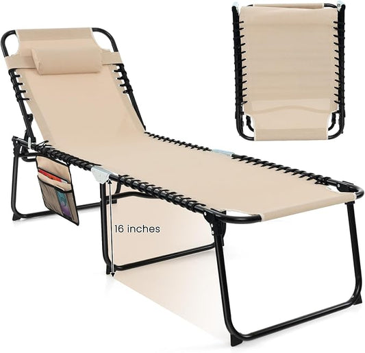 GYMAX Lounge Chairs for Outside, Extra High Folding Beach Tanning Lounger with Adjustable Backrest, Footrest & Removable Pillow, Sunbath Lounge for Patio, Lawn, Poolside (1, Beige with Pocket)