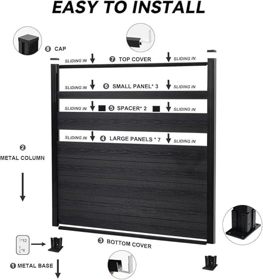 6x6 FT Wood Composite Privacy Fence Panel,Semi-Enclosed Outdoor AC Unit Cover,Trash Can Barrier | Weatherproof, Easy Installation, Durable Composite Fencing (Black with 1 Post)