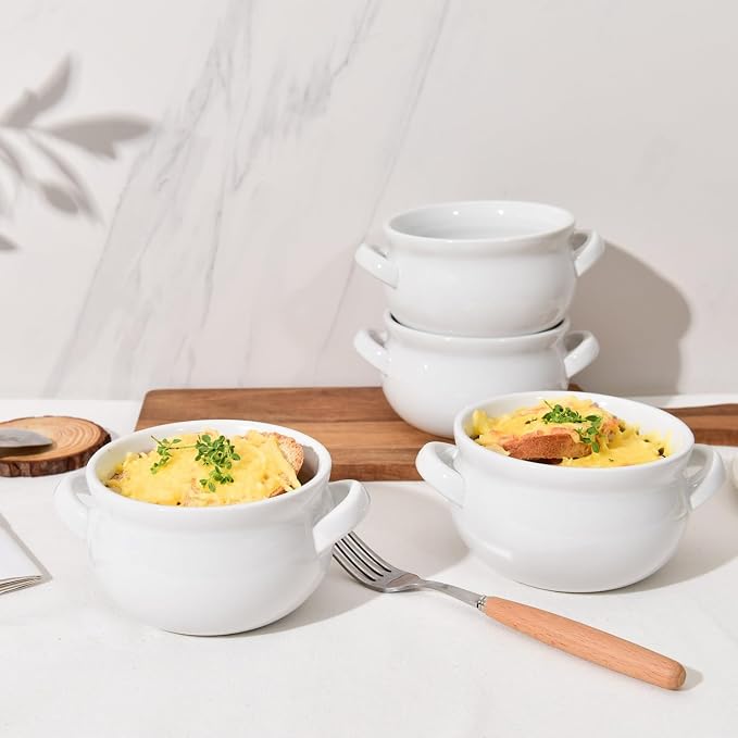 Vumdua Soup Bowls with Handles, 16 Oz Ceramic French Onion Soup Bowls - Stackable Soup Crocks Oven Safe for Cereal, Chilli, Pot Pies, Dishwasher Microwave Safe, Set of 6, White