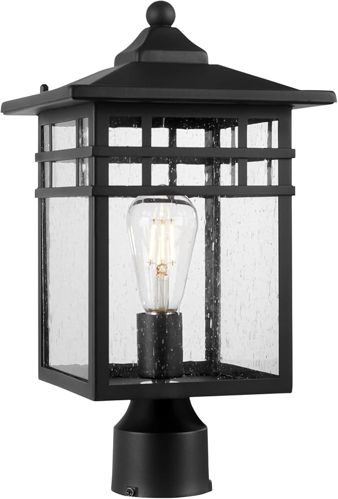 Outdoor Post Light Fixture, Large Exterior Pillar Lantern with Black Finish & Seeded Glass, 9 Inch Square Pier Mount Lamp for Garden, Backyard, Courtyard, Patio, Deck, Pathway, Walkway