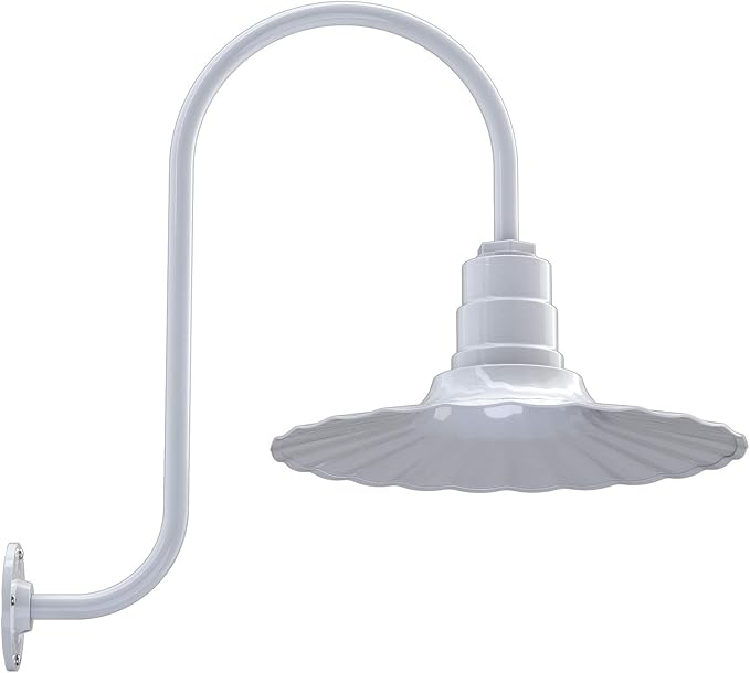 Steel Lighting Co. Highland Park Barn Light | Outdoor Wall Mounted | 16 inch Radial Wave | Upslope Gooseneck | Vintage Style Made in America | White Exterior/White Interior