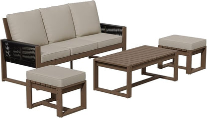 Rustic Hideaway Natural Cedar Wood Outdoor Furniture Set, Wicker Patio Conversation Set for Porch Garden Backyard, Couch, Coffee Table and 2 Ottomans, 4 Piece, Brownish/Beige