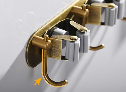 Mop Broom Holder Wall Mount Garden Tool Organizer, Brass Heavy Duty Tool Hanger with 3 Racks 4 Hooks for Kitchen Bathroom Closet Garage Office Laundry