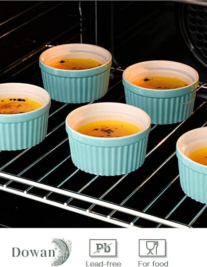 DOWAN Ramekins 6 oz Oven Safe for Creme Brulee Souffle, Porcelain Ramekin for Baking, Classic Style Ramekins Bowls Souffle Dishes Custard Cups, Set of 6, Blue
