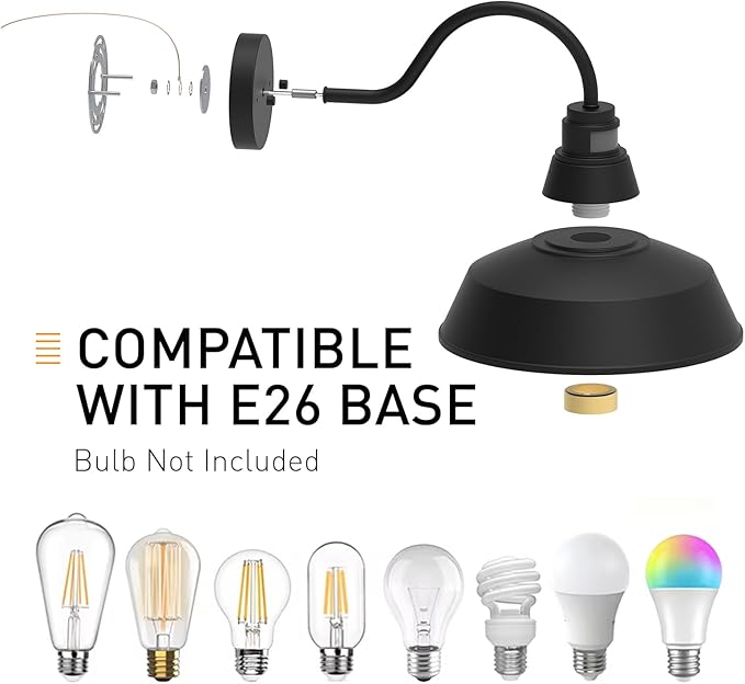 12.4" Dome Gooseneck Barn Light, Outdoor Anti-Rust&Waterproof Farmhouse Wall Sconce, Outdoor Wall Lanterns for Porch/Patio, E26 Base 100W Max(Black 2-Pack Motion Sensor Outdoor Lights)
