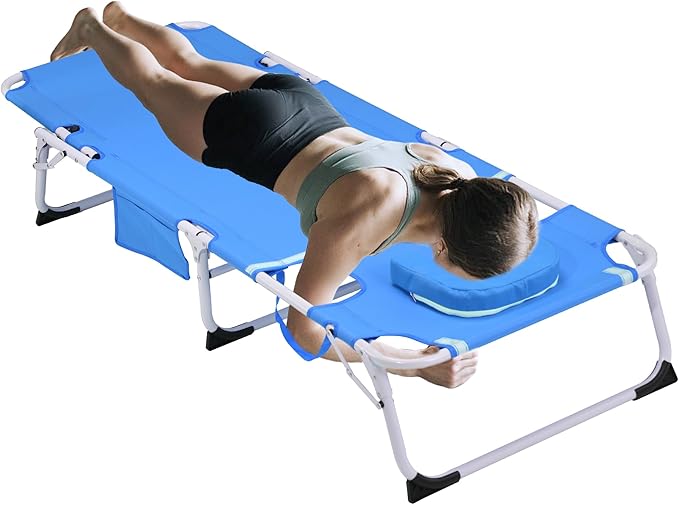 Outdoor Chaise Lounge with Detachable Pillow, Reclining Folding Chair with 5-Position Adjustable Back, Portable Tanning Chair For Beach, Pool, Lawn, Breathable Mesh Seat, No Assembly (Blue 4)