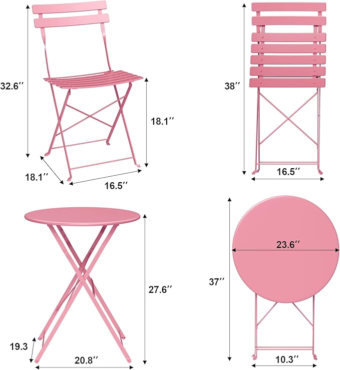 3-Piece Folding Bistro Set Outdoor Patio Furniture, Space-Saving Foldable Chairs & Table Capacity Heavy-Duty Powder-Coated Steel Frame, No Assembly Required for Garden, Balcony, Backyard, Pink