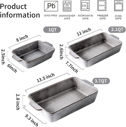 KOOV Bakeware Set, Ceramic Baking Dish Set, Rectangular Casserole Dish Set, Lasagna Pan, Baking Pans Set for Cooking, Cake Dinner, Kitchen, 9 x 13 Inches, Reactive Glaze 3-Piece, Variable Grey