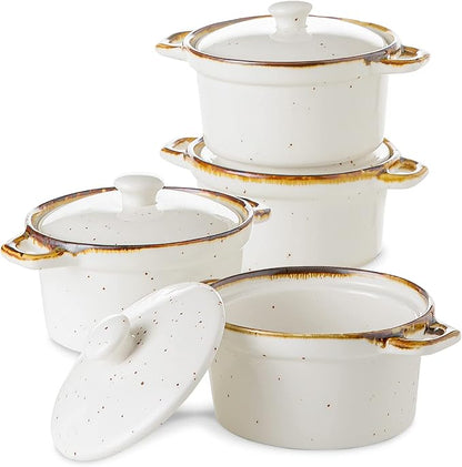 ONEMORE Mini Cocotte Set of 4, 12 oz Ceramic Ramekins with Lids and Handles, Small Casserole Dishes for Oven, Mini Dutch Oven for Soup, Souffle, Pot Pie and Baking, Microwave & Dishwasher Safe, Creamy White