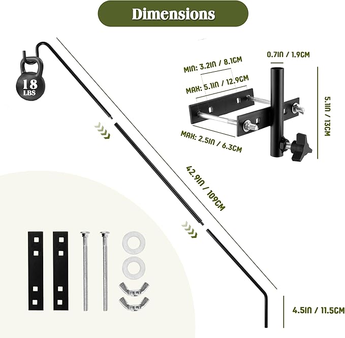 2 Packs Extended Fence Deck Heavy Duty Bird Feeder Hook, 360 Degree Rotary and Length Adjustable Plant Bracket for Bird Feeders Planters Suet Baskets Lanterns Wind Chimes and More