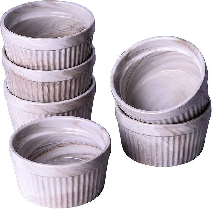 Yundu 8 Ounce Cream Marble Ceramic Ramekins - Perfect for Creme Brulee, Oven Safe, Baking & Souffle - Set of 6