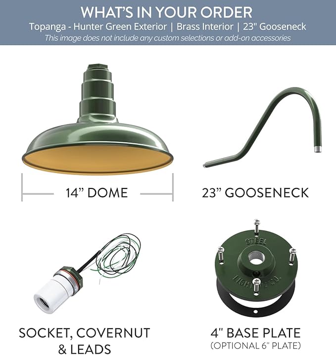 Steel Lighting Co. Topanga Barn Light | Outdoor Wall Mounted | 14 inch Dome | 23" Gooseneck | Farmhouse Garage Light Made in America | Hunter Green Exterior/Brass Interior