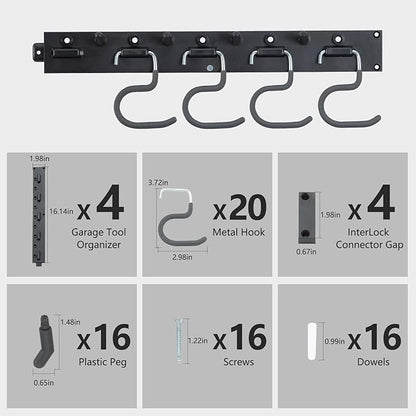 WellMade 64'' Adjustable Garden Tool Organizer, Garage Storage System with Hooks, Wall Mount Tool Organization Rack, Black