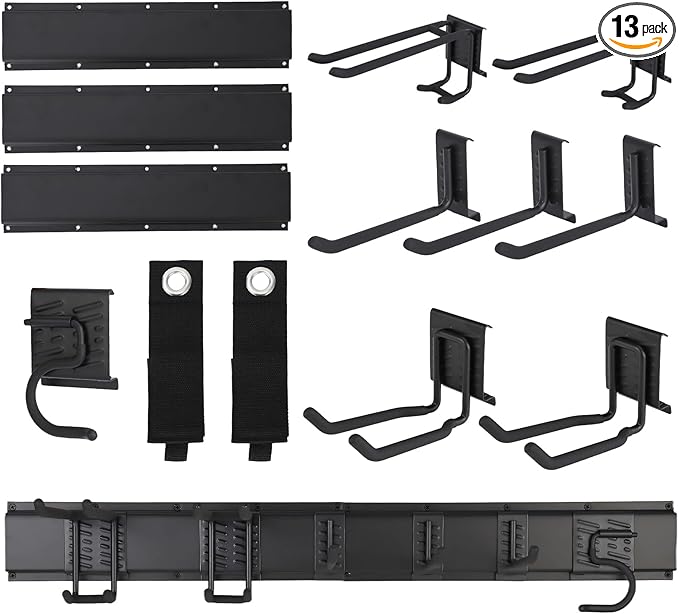 Garvee 48 Inch Garage Tool Organizer Wall Mount, Heavy Duty Garden Tool Storage Organization with 8 Adjustable Hooks, 13 Pack Yard shed Tool Organizer System for Shovel Rake Broom Ladders